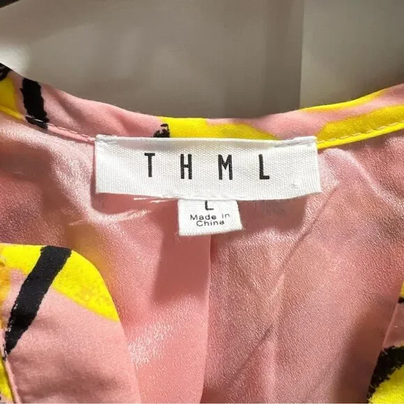 THML Short Sleeve Smocked Leaf Print Dress Large - Picture 6 of 8